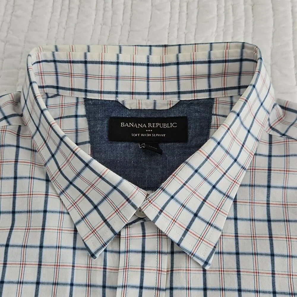 Banana Republic Shirt Men's XL Red White Blue Windowpane‎ Soft Wash Slim Fit EUC